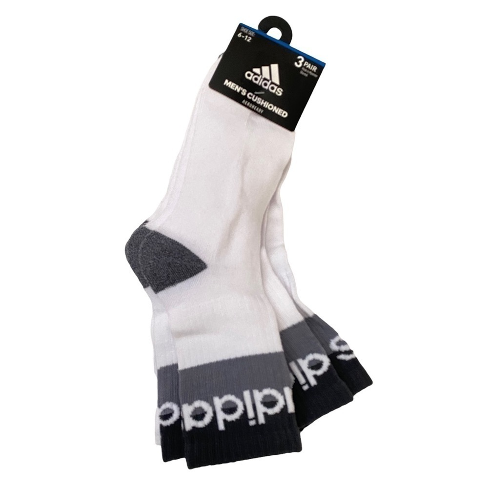 Adidas Men’s Cushioned Crew Socks 3 Pair Shoe Size 6-12 White Grey